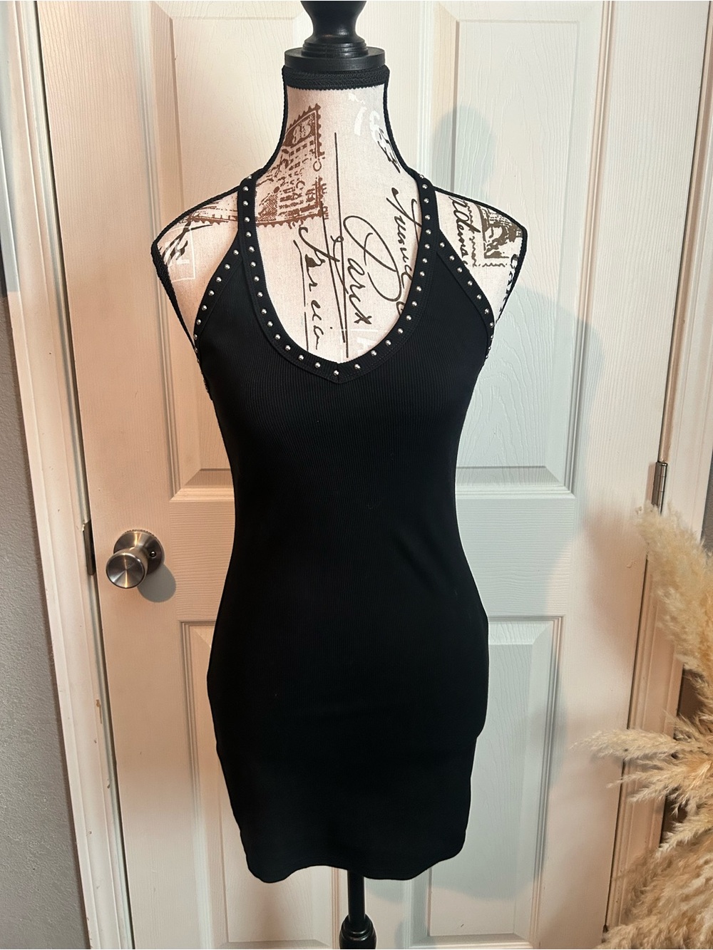 Studded V-Neck Black Ribbed Bodycon Dress